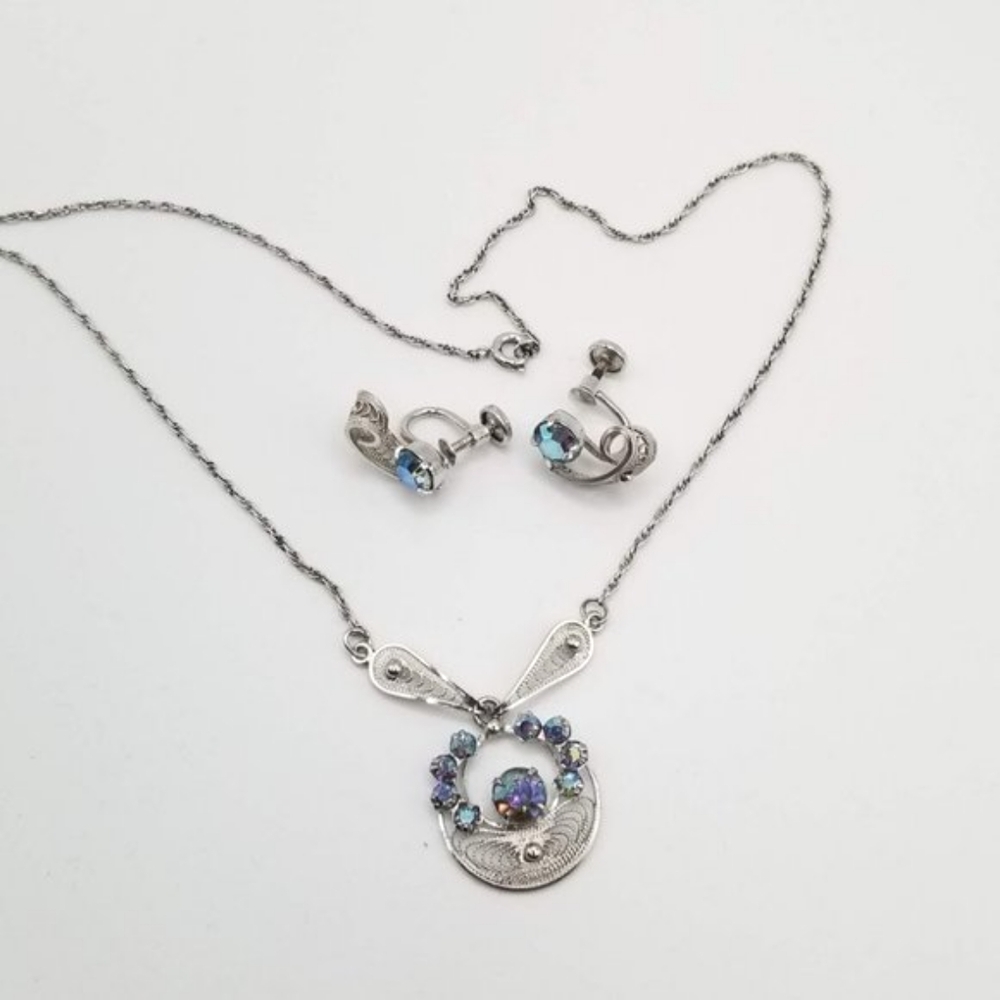Dixelle Vintage Sterling Necklace & Screw-on Earring Set AB Rhinestone - Picture 3 of 13